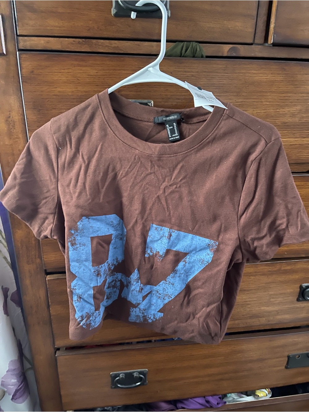 Forever 21 Brown Short-Sleeve Tee with Distressed Blue '87' Graphic